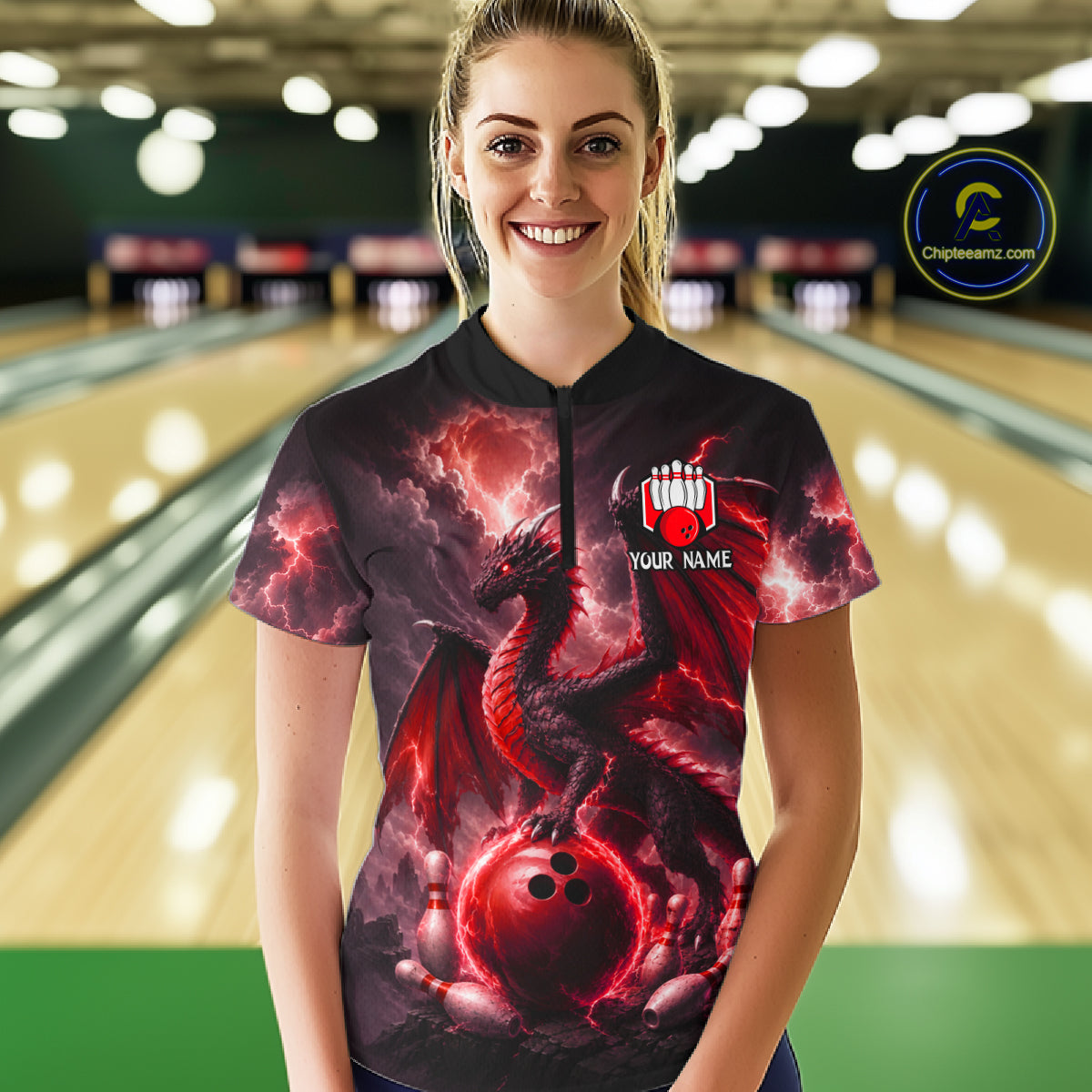 Woman wearing personalized red dragon bowling team jersey quarter zip shirt featuring red dragon artwork, front view.