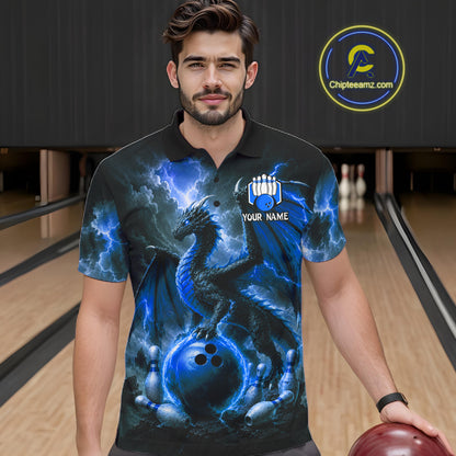 Man wearing personalized blue dragon bowling team jersey polo shirt featuring blue dragon artwork, front view.