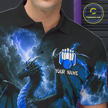 Close-up of personalized blue dragon bowling team jersey polo shirt featuring collar, buttons and blue dragon artwork.