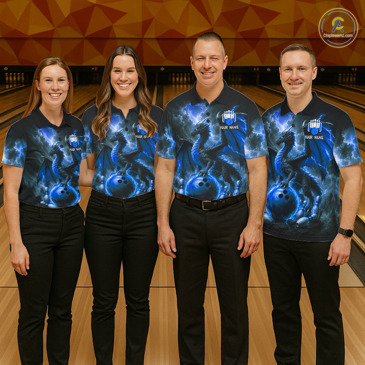 Bowling team wearing matching personalized blue dragon bowling team jerseys, front view.