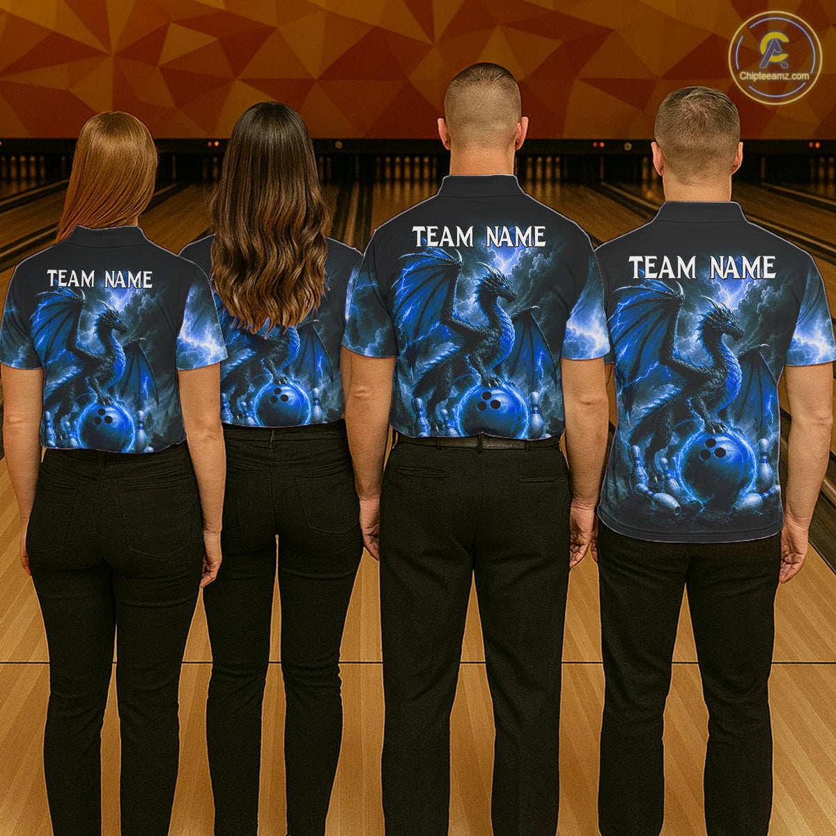 Bowling team wearing matching personalized blue dragon bowling team jerseys, back view.