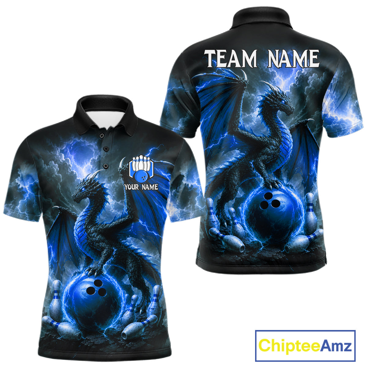 Personalized blue dragon bowling team jersey polo shirt for men featuring a powerful blue dragon design, premium custom bowling league apparel for tournaments and team play.