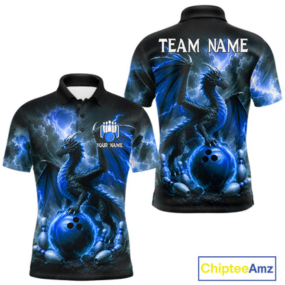 Personalized blue dragon bowling team jersey polo shirt for men featuring a powerful blue dragon design, premium custom bowling league apparel for tournaments and team play.