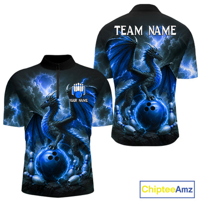 Personalized blue dragon bowling team jersey quarter zip shirt for men featuring detailed blue dragon artwork, premium custom bowling apparel.