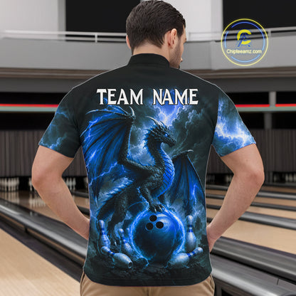 Man wearing personalized blue dragon bowling team jersey quarter zip shirt featuring blue dragon artwork, back view.