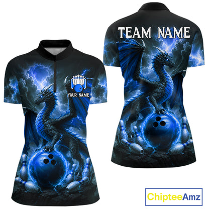 Personalized blue dragon bowling team jersey quarter zip shirt for women featuring detailed blue dragon artwork, premium custom bowling apparel.
