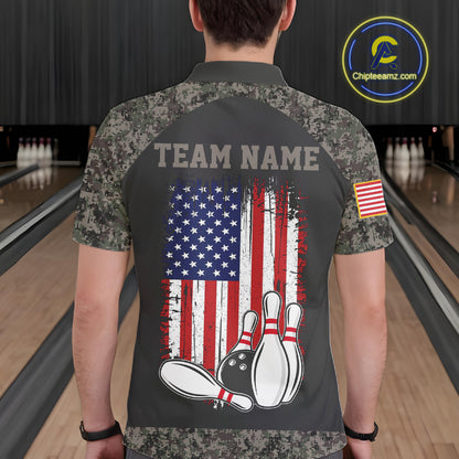 Man wearing personalized retro camo American flag bowling team jersey polo shirt featuring patriotic camo American flag artwork, back view.