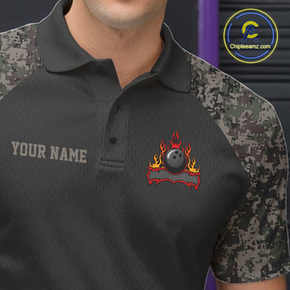 Close-up of personalized retro camo American flag bowling team jersey polo shirt featuring collar, buttons and patriotic American flag artwork.