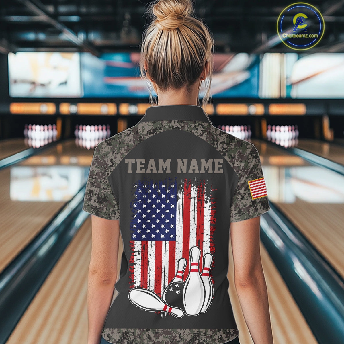 Woman wearing personalized retro camo American flag bowling team jersey polo shirt featuring patriotic camo American flag artwork, back view.