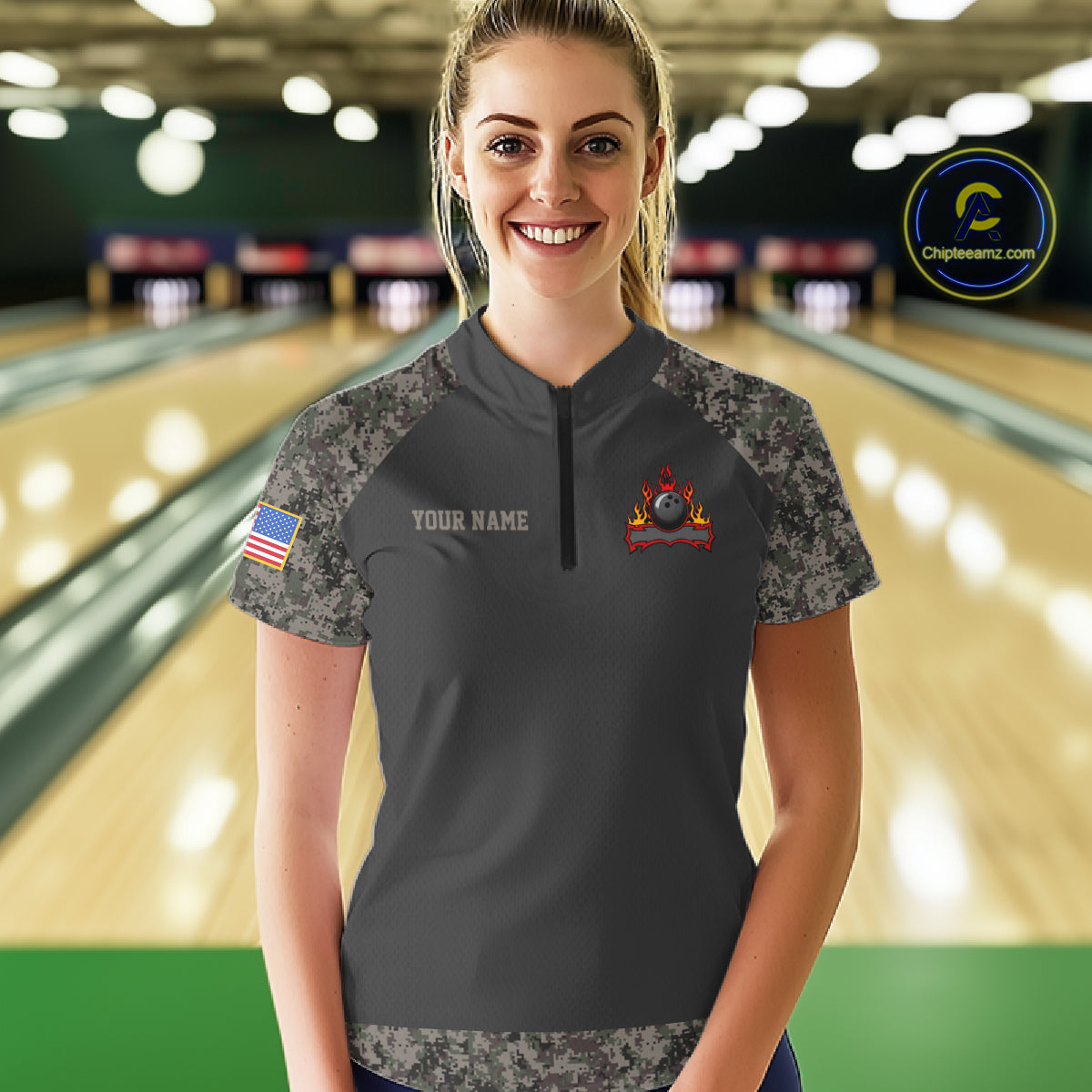 Woman wearing personalized retro camo American flag bowling team jersey quarter zip shirt featuring patriotic camo American flag artwork, front view.
