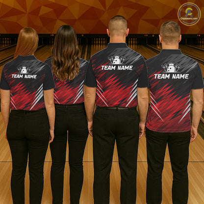 Bowling team wearing matching personalized black and red bowling team jerseys, back view.