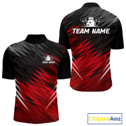 Personalized black and red bowling team jersey quarter zip shirt for men featuring bold black and red bowling graphics, premium custom bowling league apparel.