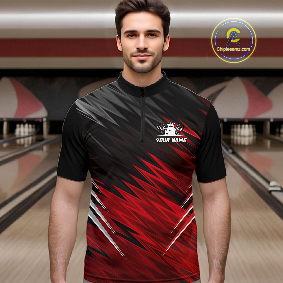 Man wearing personalized black and red bowling team jersey quarter zip shirt featuring black and red bowling artwork, front view.