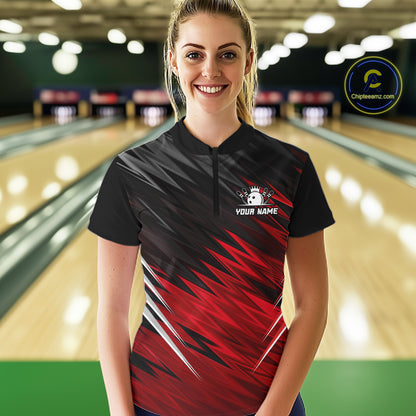 Woman wearing personalized black and red bowling team jersey quarter zip shirt featuring black and red bowling artwork, front view.