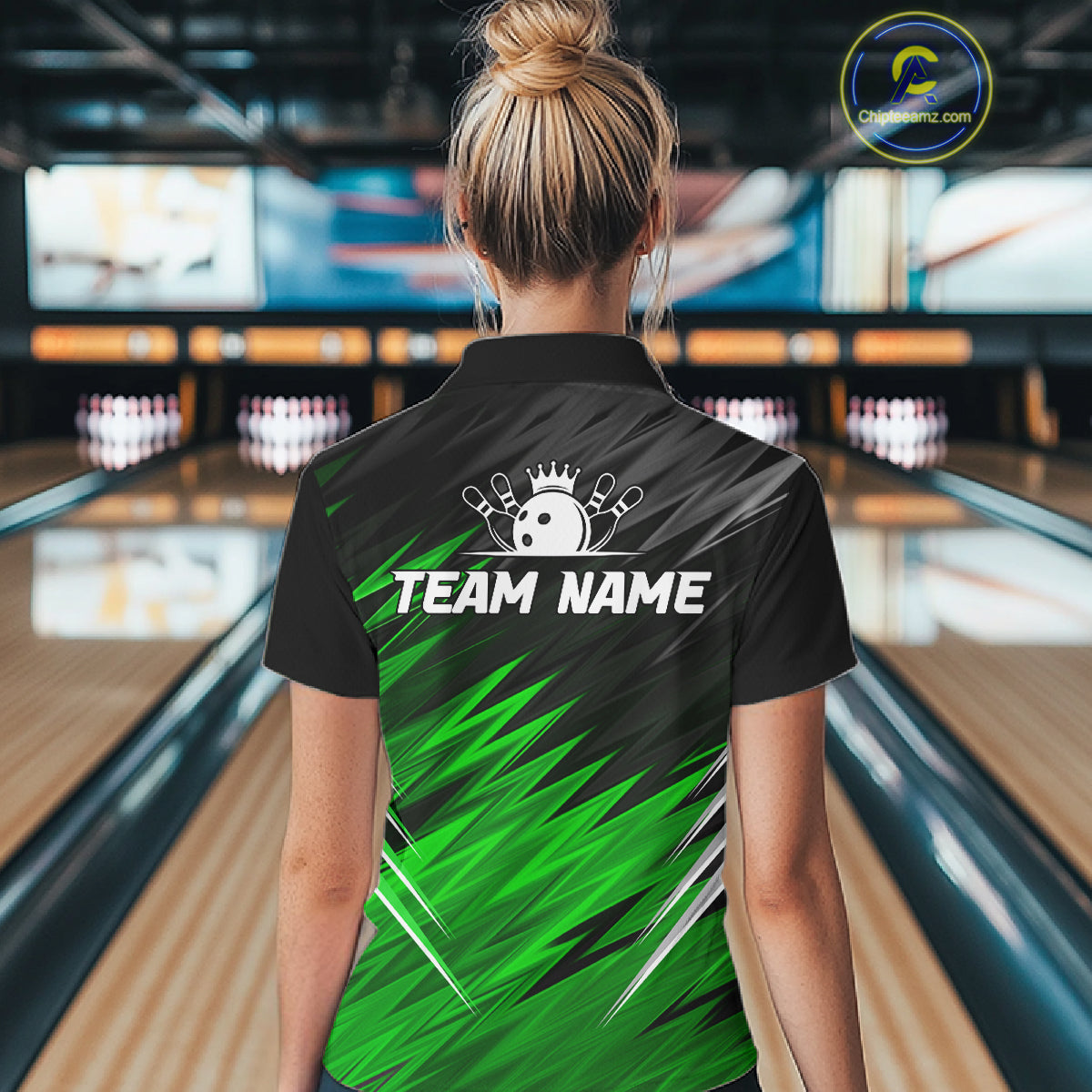 Woman wearing personalized black and green bowling team jersey polo shirt featuring black and green bowling artwork, back view.