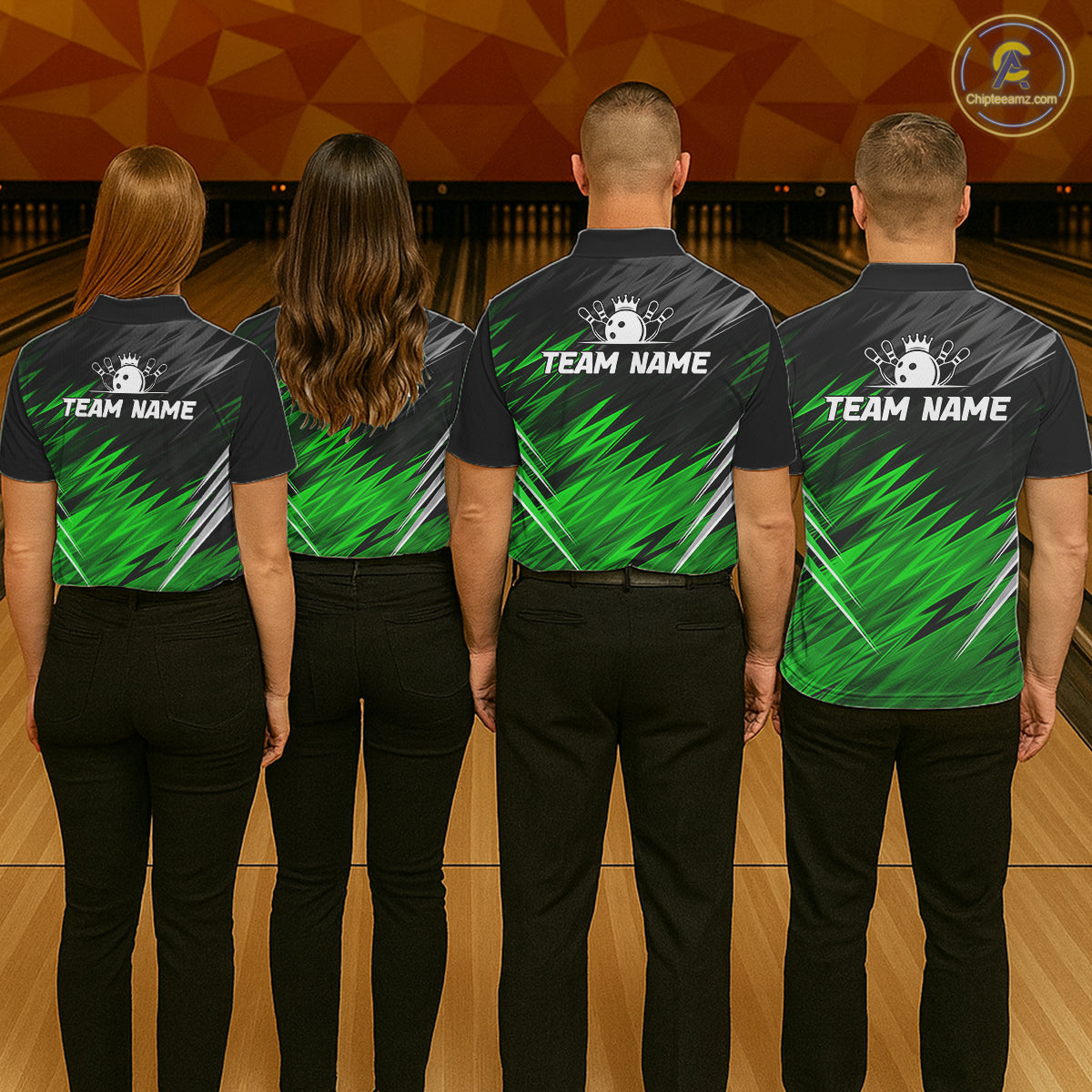 Bowling team wearing matching personalized black and green bowling team jerseys, back view.