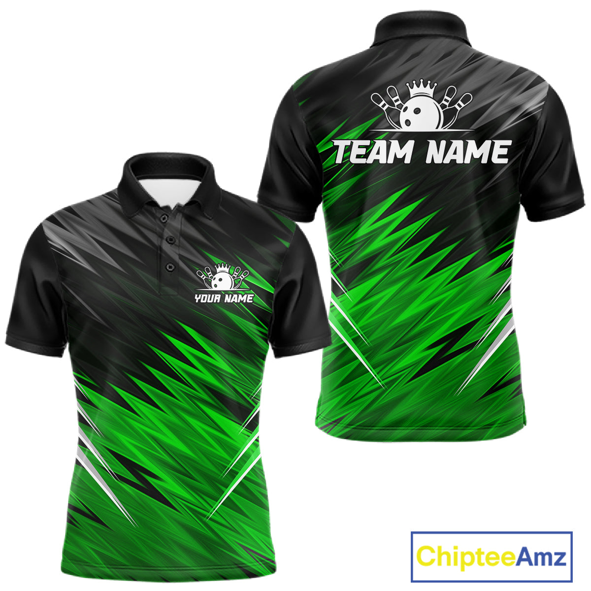 Personalized black and green bowling team jersey polo shirt for men featuring a modern black and green bowling design, premium custom bowling league apparel for tournaments and team play.