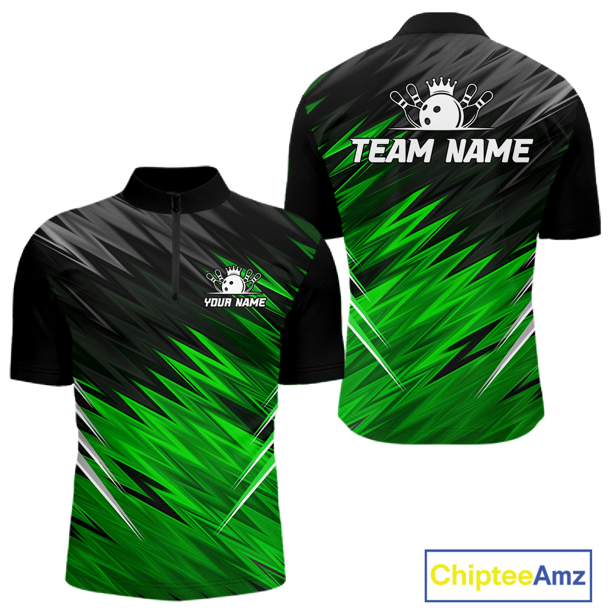 Personalized black and green bowling team jersey quarter zip shirt for men featuring bold black and green bowling graphics, premium custom bowling league apparel.