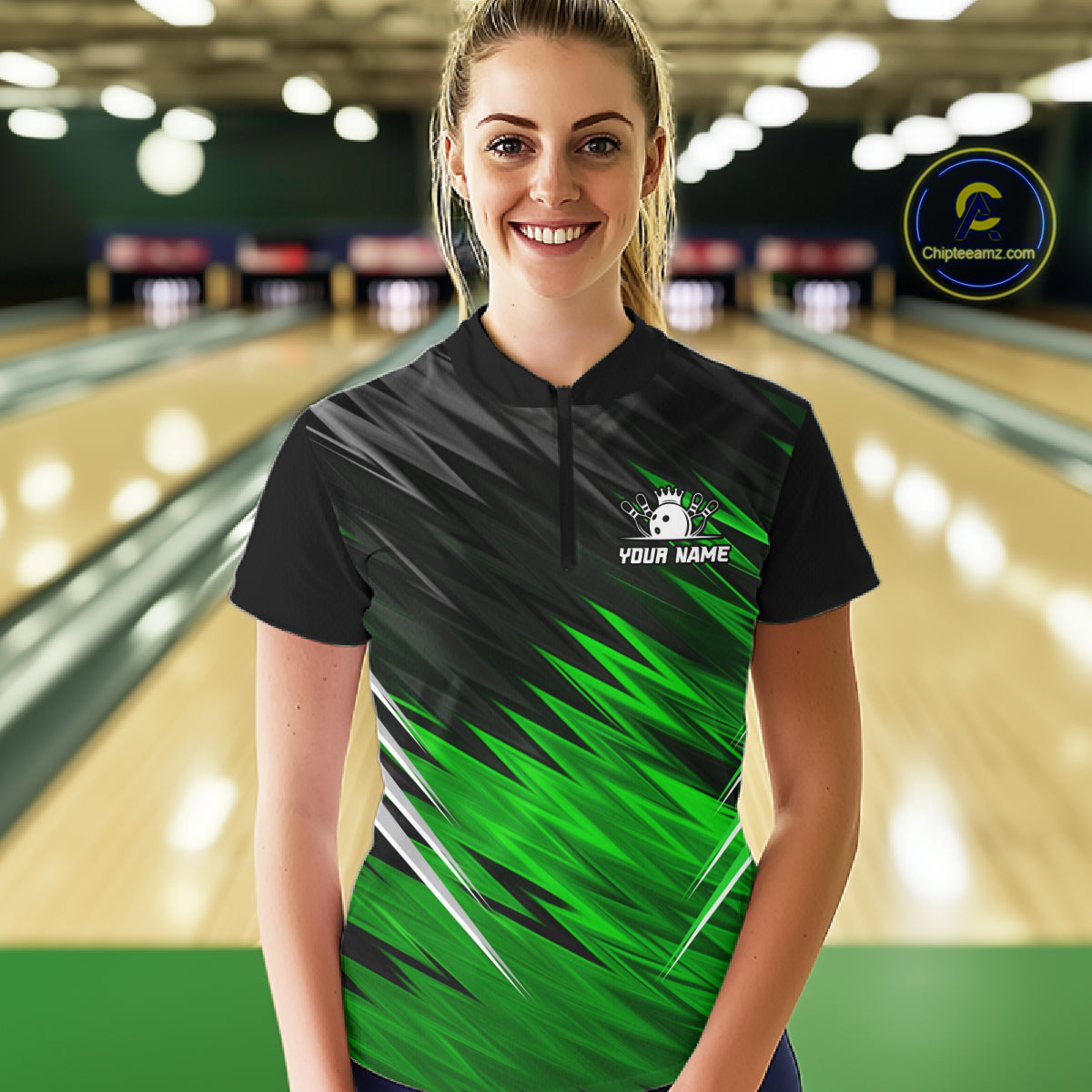 Woman wearing personalized black and green bowling team jersey quarter zip shirt featuring black and green bowling artwork, front view.