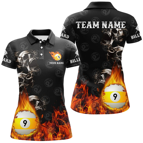 Personalized 9 Ball Pool Skull On Fire Billiard Shirts For Women, Funny 3D Printed Billiard Jerseys TDM2307