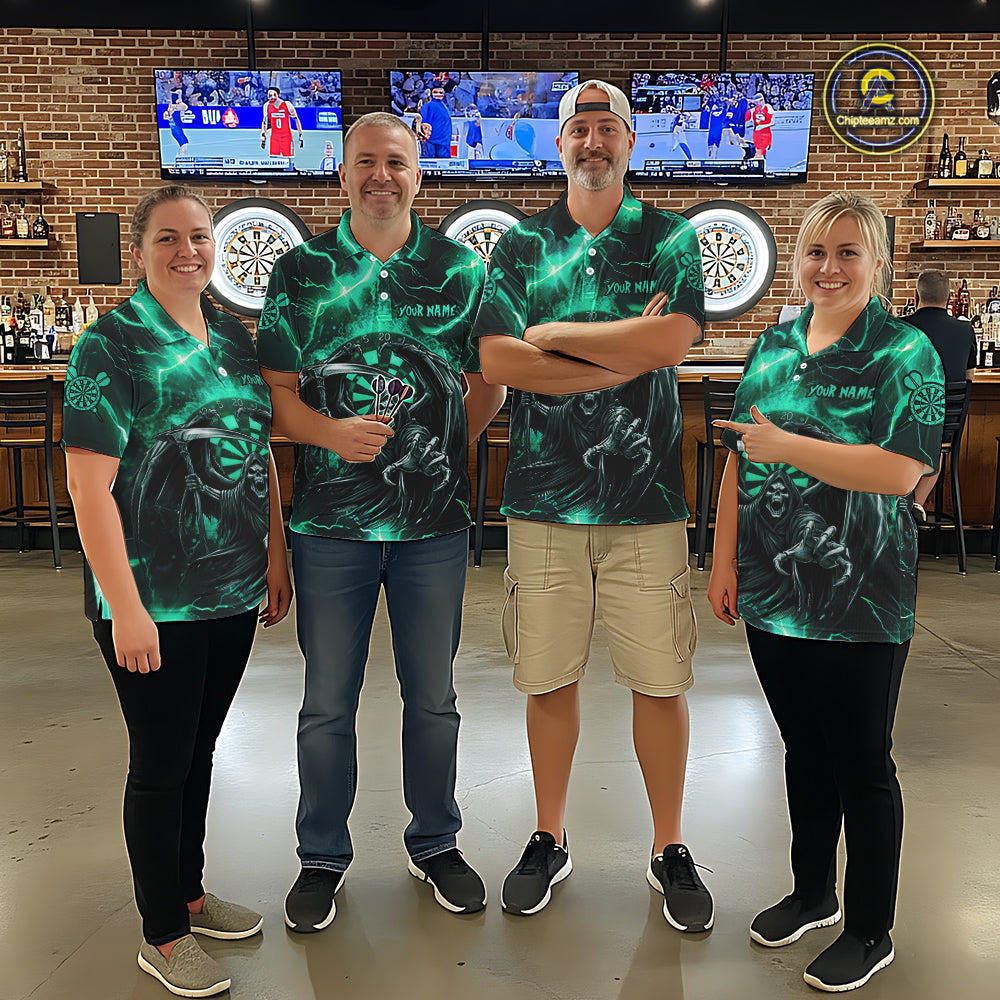 Personalized Turquoise Grim Reaper Custom Thunder Lightning Men Dart Shirts, 3D Darts Team Jerseys TDM2800