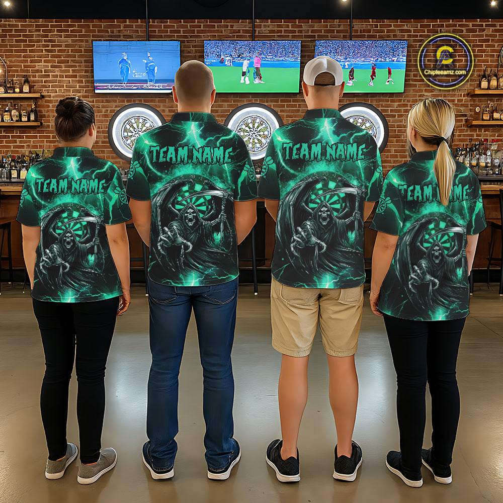 Personalized Turquoise Grim Reaper Custom Thunder Lightning Men Dart Shirts, 3D Darts Team Jerseys TDM2800