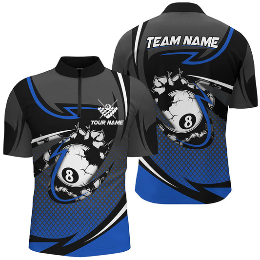 Funny 8 Ball Pool Blue Billiard Jerseys Men Quarter-Zip Shirts Team League Billiard Shirts TDM1502