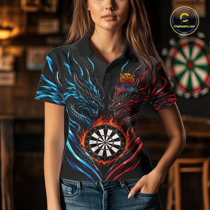 Blue And Red Custom Dragon Fire Darts Shirts For Women, Darts League Team Jersey Polo & Quarter Zip TDM6576