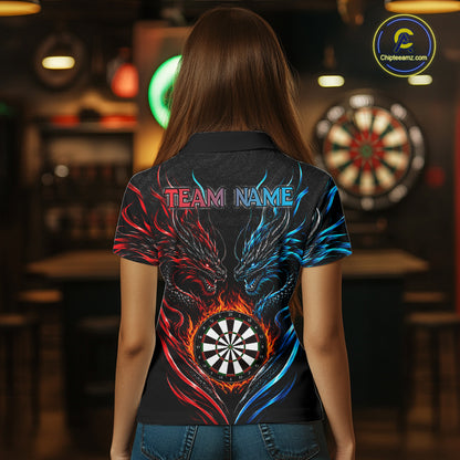 Blue And Red Custom Dragon Fire Darts Shirts For Women, Darts League Team Jersey Polo & Quarter Zip TDM6576
