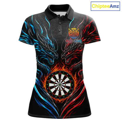 Blue And Red Custom Dragon Fire Darts Shirts For Women, Darts League Team Jersey Polo & Quarter Zip TDM6576