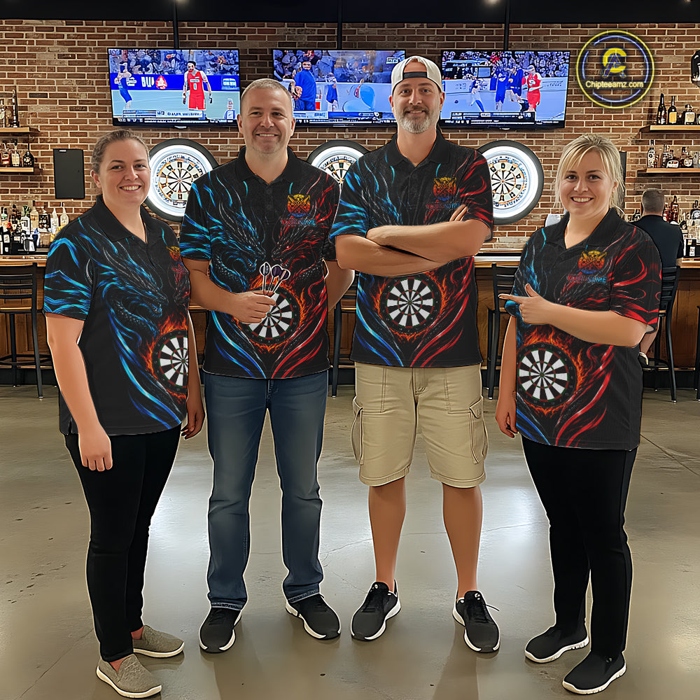 Blue And Red Custom Dragon Fire Darts Shirts For Men, Darts League Team Jersey Polo & Quarter Zip TDM6576