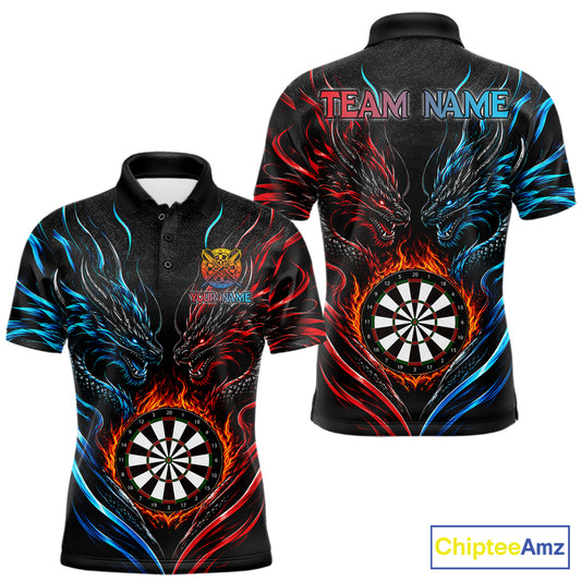 Blue And Red Custom Dragon Fire Darts Shirts For Men, Darts League Team Jersey Polo & Quarter Zip TDM6576