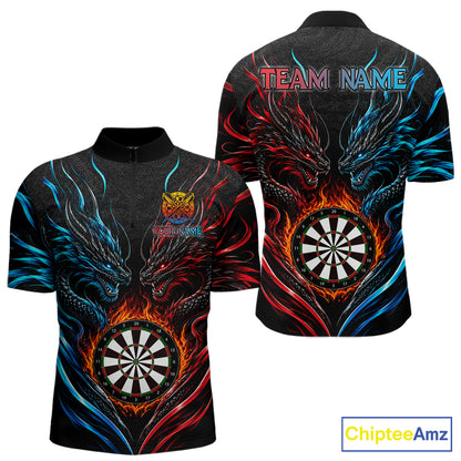Blue And Red Custom Dragon Fire Darts Shirts For Men, Darts League Team Jersey Polo & Quarter Zip TDM6576