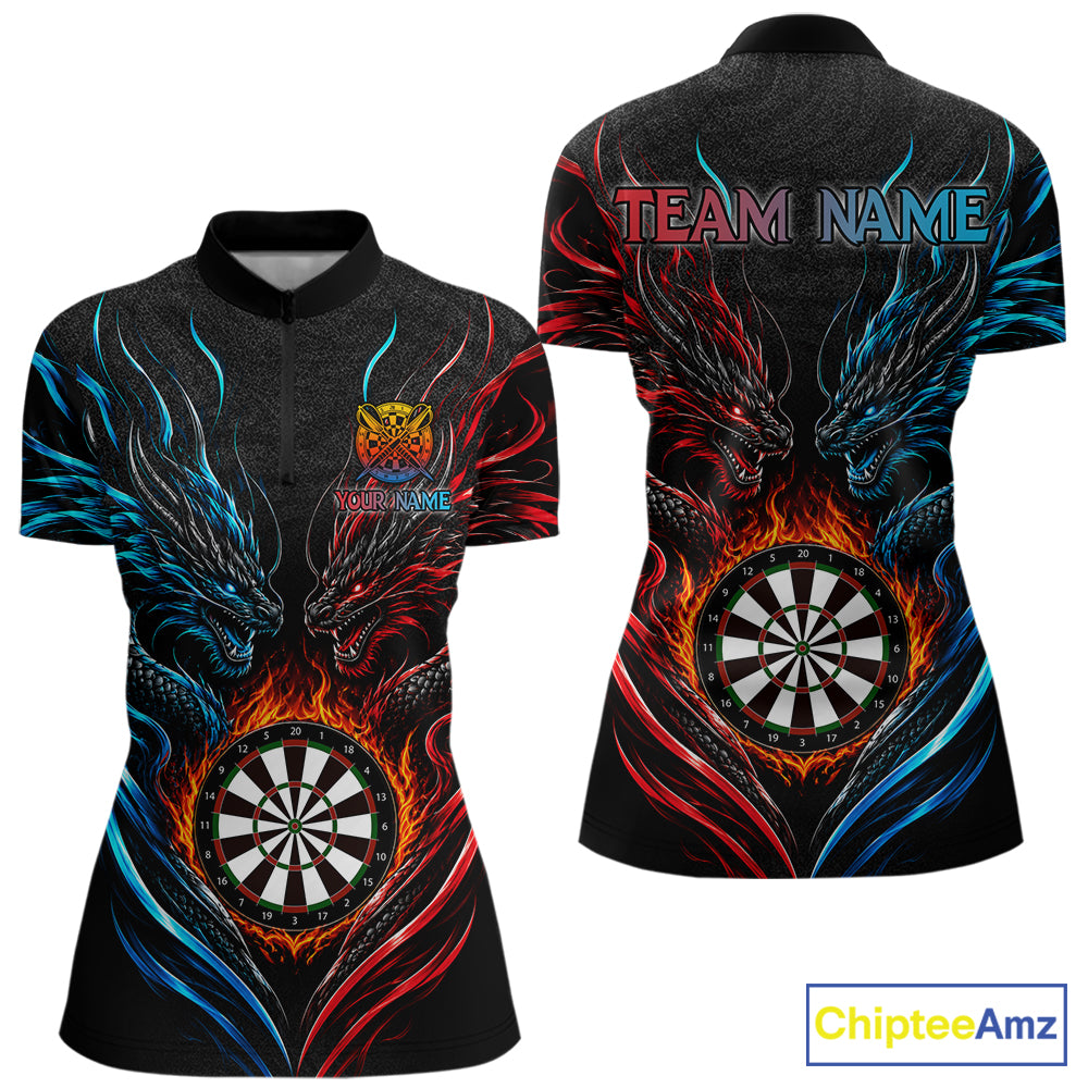 Blue And Red Custom Dragon Fire Darts Shirts For Women, Darts League Team Jersey Polo & Quarter Zip TDM6576