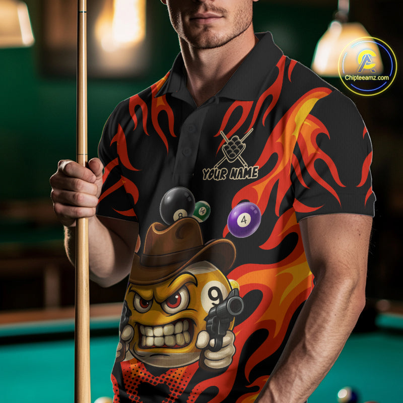 Man wearing a Red funny flame 9 ball billiard jersey beside a pool table front view.