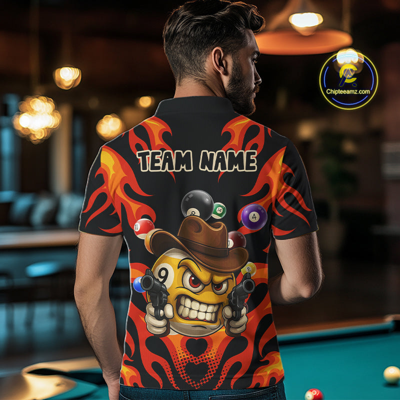 Back view of man wearing a Red flame 9 ball pool shirt in a billiards hall.