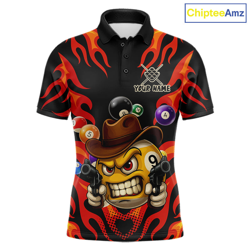 Red funny flame 9 ball billiard polo shirt for men with custom pool team graphics.