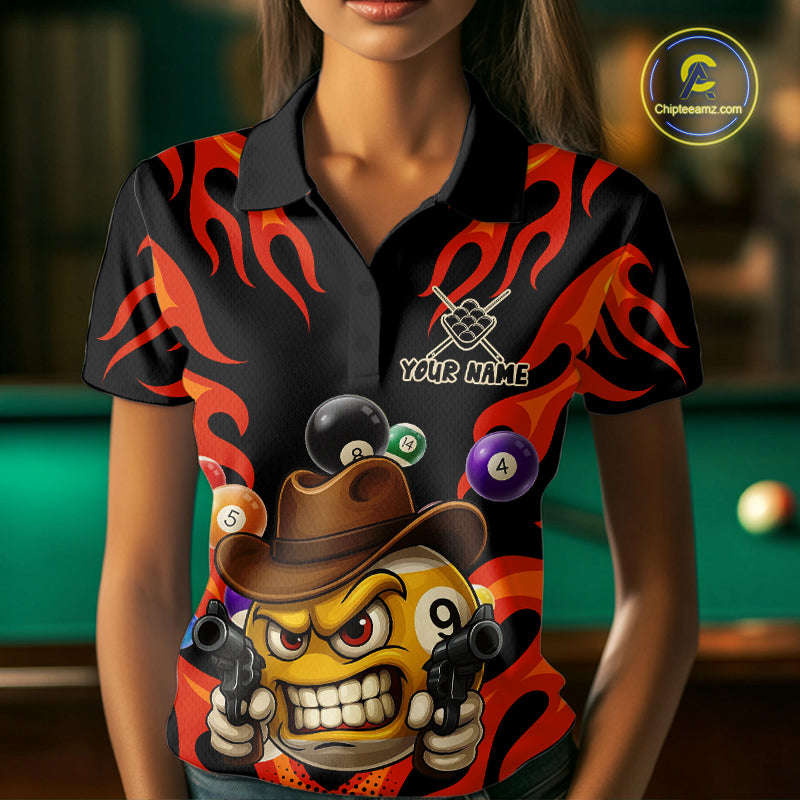 Woman wearing a red funny flame 9 ball billiard jersey beside a pool table front view.
