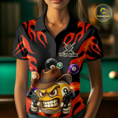 Woman wearing a red funny flame 9 ball billiard jersey beside a pool table front view.