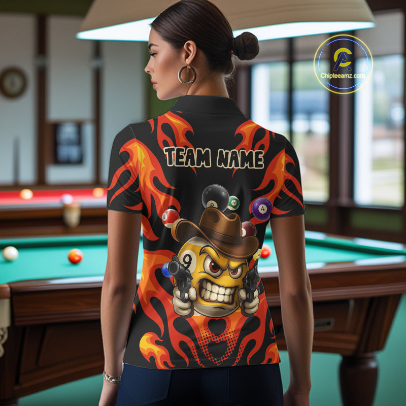 Back view of woman wearing a red flame 9 ball pool shirt in a billiards hall.