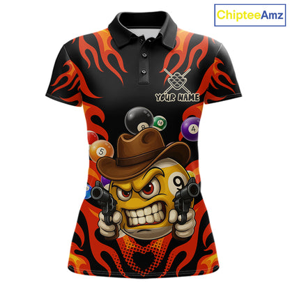 Red funny flame 9 ball billiard polo shirt for women with custom pool team graphics.