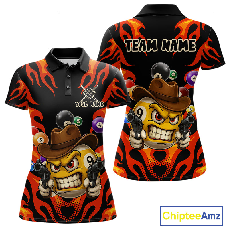 Red funny flame 9 ball billiard polo shirt for women with custom pool team graphics.