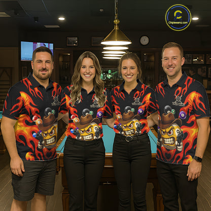 Pool team wearing matching Red funny flame 9 ball billiard jerseys during tournament competition front view.