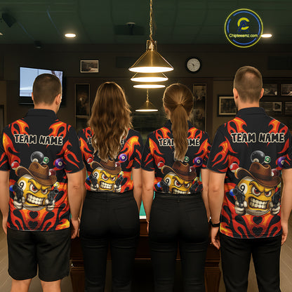 Back view of pool players wearing matching Red flame billiard shirts in a game room.