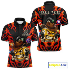 Load image into Gallery viewer, Red funny flame 9 ball billiard polo shirt for men with custom pool team graphics.