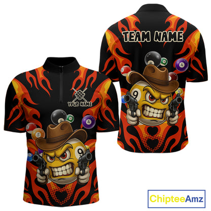 Red funny flame 9 ball billiard quarter zip shirt for men designed for league tournaments and team events.