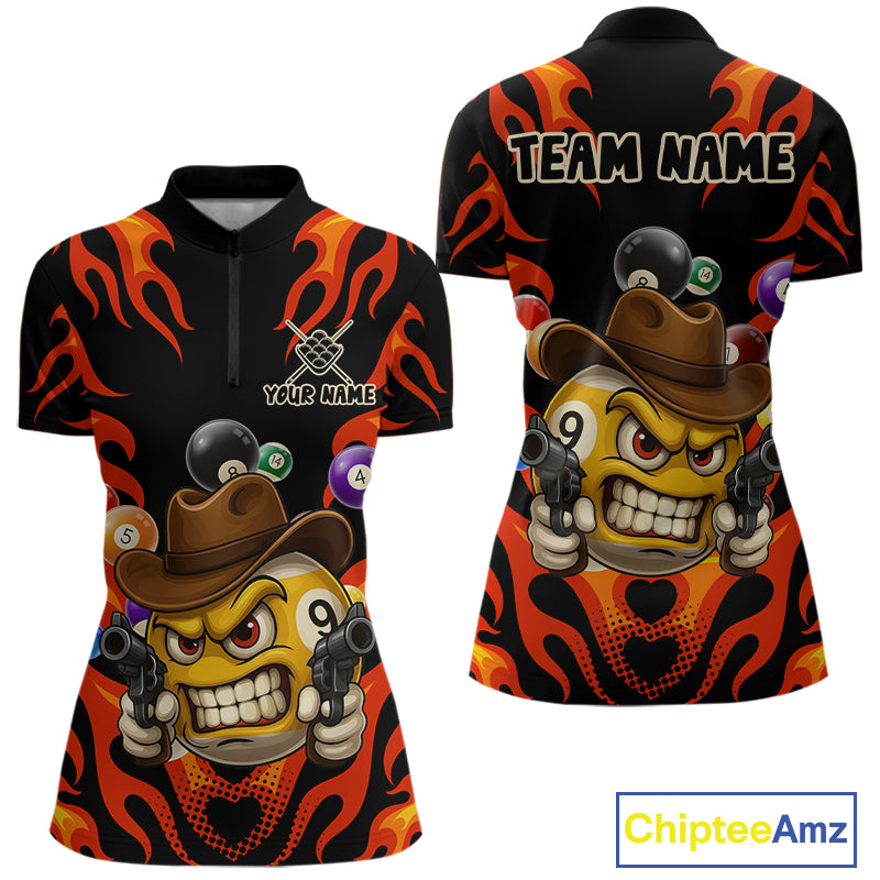 Red funny flame 9 ball billiard quarter zip shirt for women designed for league tournaments and team events.