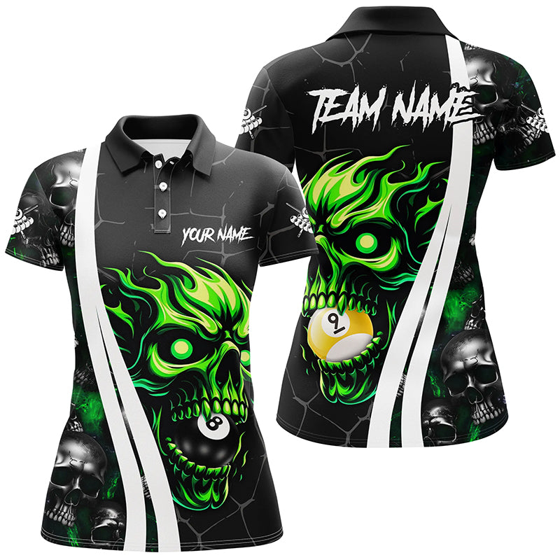 Green Billiard Skull 8 Ball & 9 Ball Custom Pool Shirts For Women, Unique Team Billiard Jersey Design TDM2082