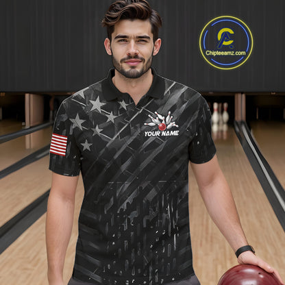 Man wearing black American flag bowling team jersey polo shirt featuring patriotic American flag artwork, front view.