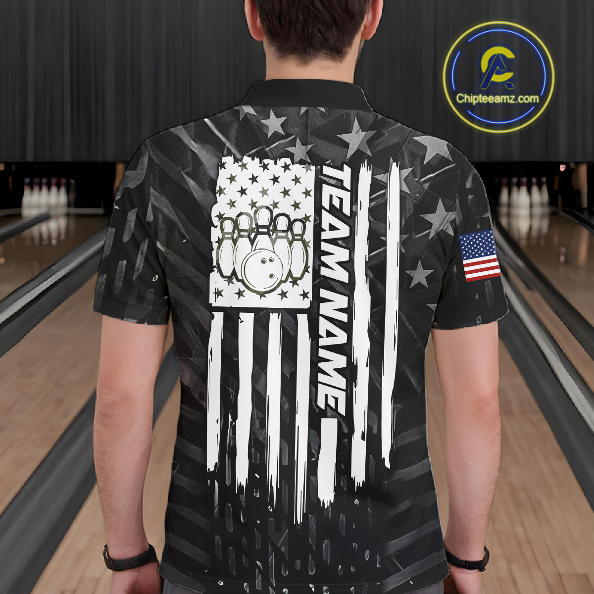 Man wearing black American flag bowling team jersey polo shirt featuring patriotic American flag artwork, back view.